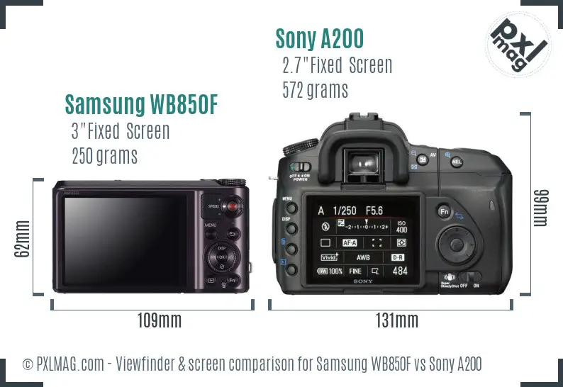 Samsung WB850F vs Sony A200 Screen and Viewfinder comparison