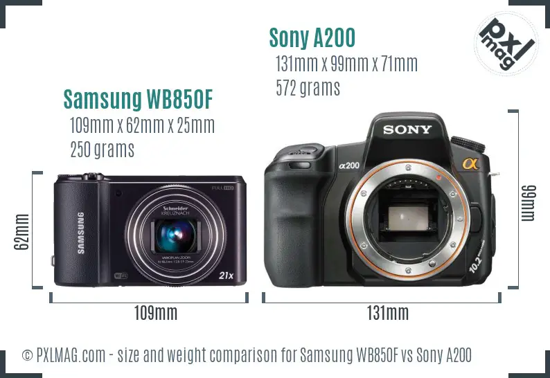 Samsung WB850F vs Sony A200 size comparison