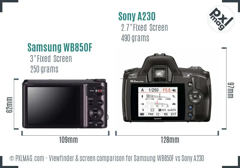 Samsung WB850F vs Sony A230 Screen and Viewfinder comparison