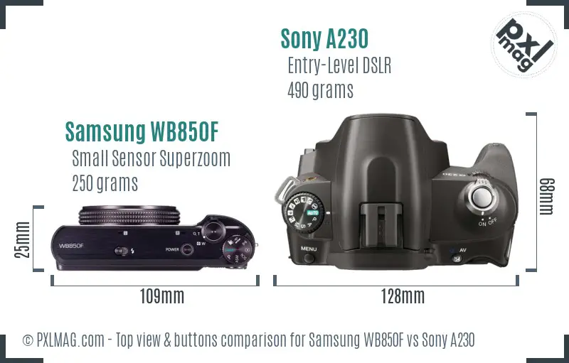 Samsung WB850F vs Sony A230 top view buttons comparison