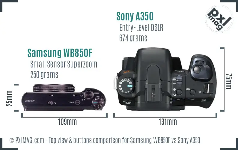 Samsung WB850F vs Sony A350 top view buttons comparison Samsung WB850F vs Sony A350 top view buttons comparison
