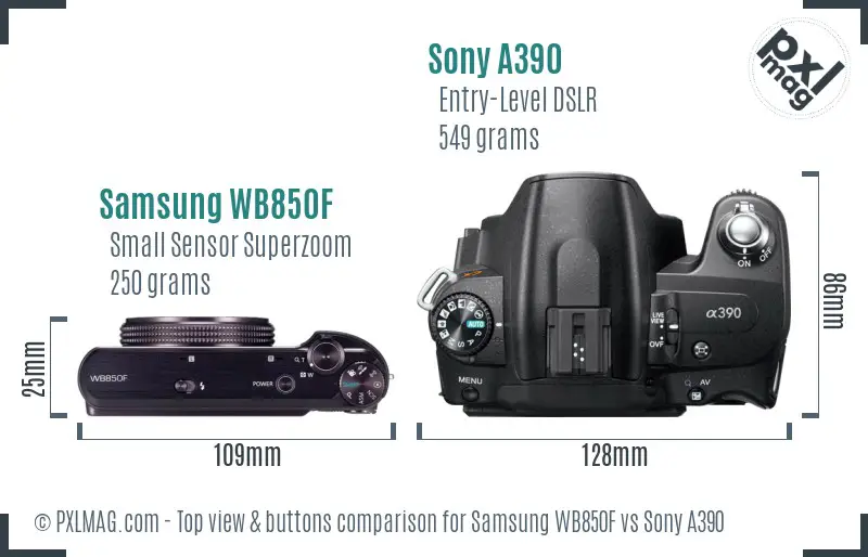 Samsung WB850F vs Sony A390 top view buttons comparison