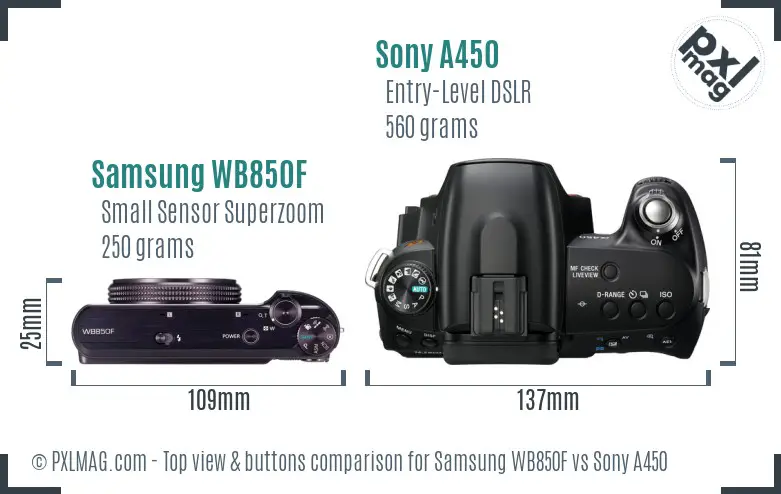 Samsung WB850F vs Sony A450 top view buttons comparison