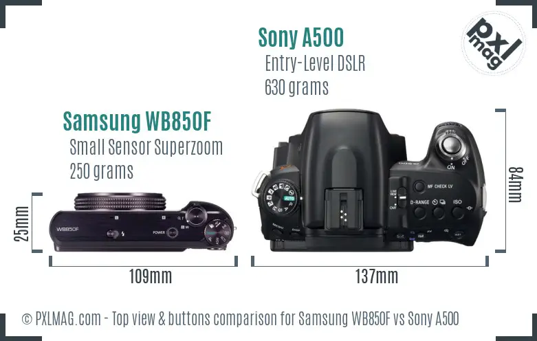 Samsung WB850F vs Sony A500 top view buttons comparison