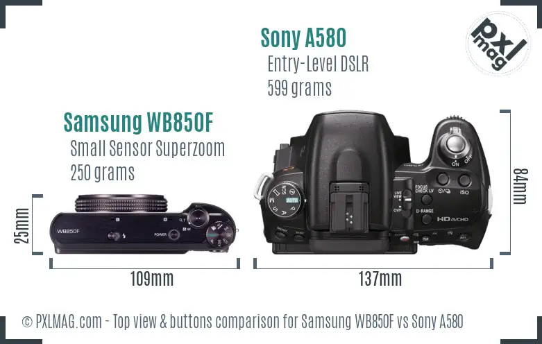 Samsung WB850F vs Sony A580 top view buttons comparison Samsung WB850F vs Sony A580 top view buttons comparison