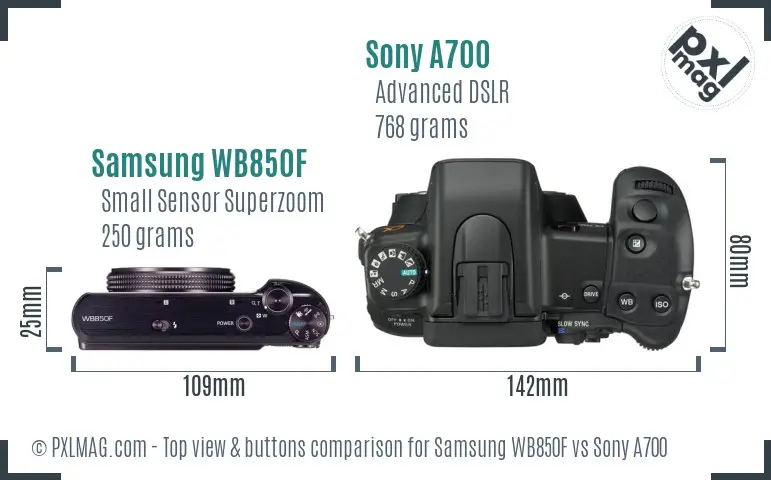 Samsung WB850F vs Sony A700 top view buttons comparison