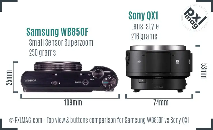 Samsung WB850F vs Sony QX1 top view buttons comparison