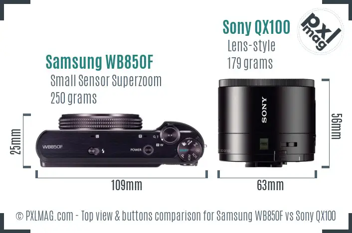 Samsung WB850F vs Sony QX100 top view buttons comparison