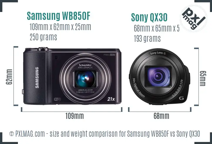 Samsung WB850F vs Sony QX30 size comparison