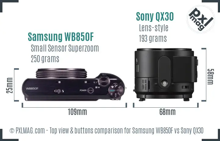 Samsung WB850F vs Sony QX30 top view buttons comparison