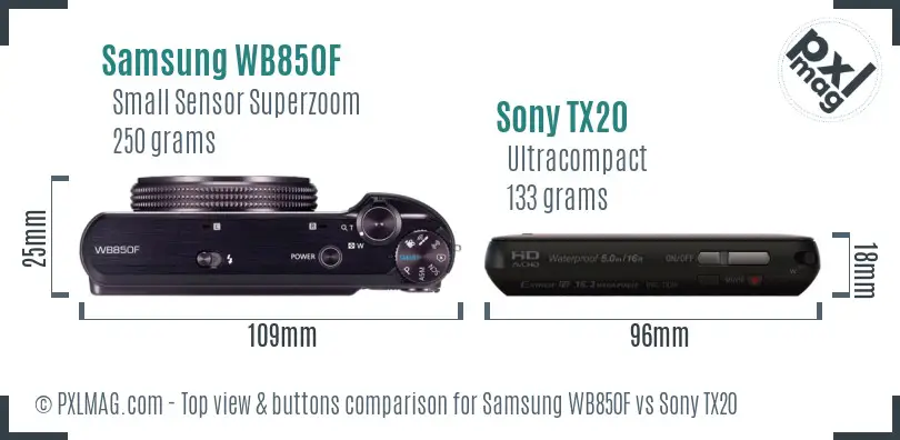 Samsung WB850F vs Sony TX20 top view buttons comparison