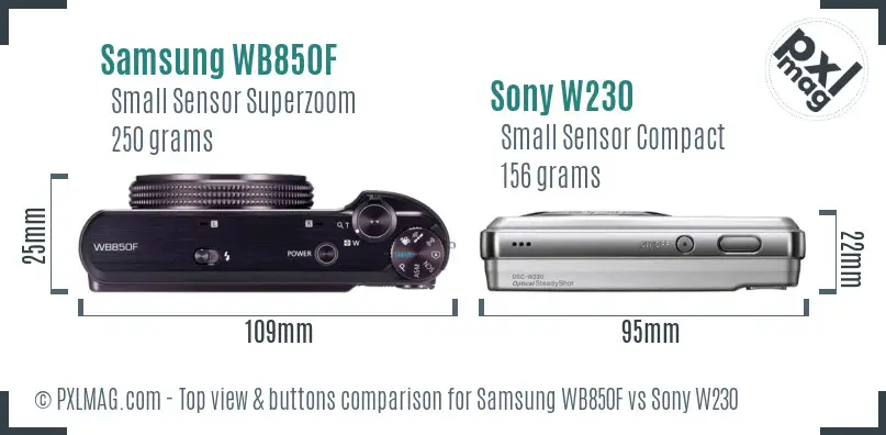 Samsung WB850F vs Sony W230 top view buttons comparison