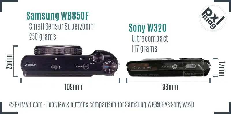 Samsung WB850F vs Sony W320 top view buttons comparison