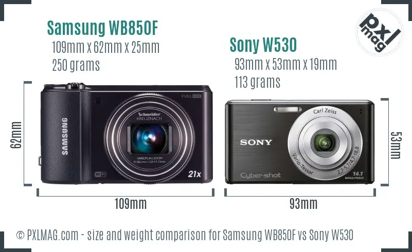 Samsung WB850F vs Sony W530 size comparison