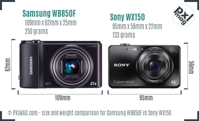 Samsung WB850F vs Sony WX150 size comparison