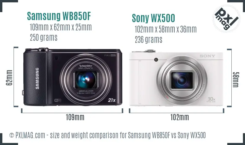 Samsung WB850F vs Sony WX500 size comparison