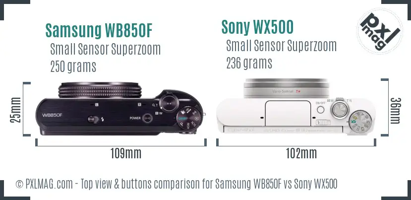 Samsung WB850F vs Sony WX500 top view buttons comparison
