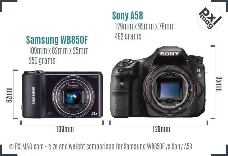 Samsung WB850F vs Sony A58 size comparison