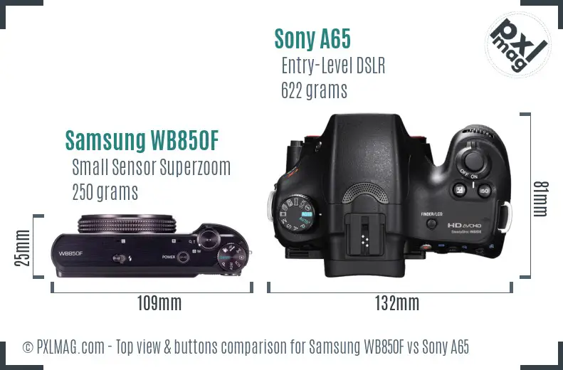 Samsung WB850F vs Sony A65 top view buttons comparison