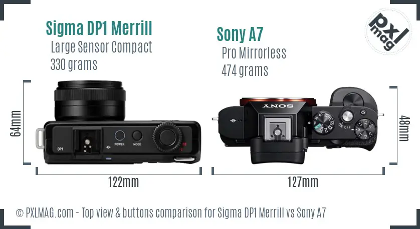 Sigma DP1 Merrill vs Sony A7 top view buttons comparison