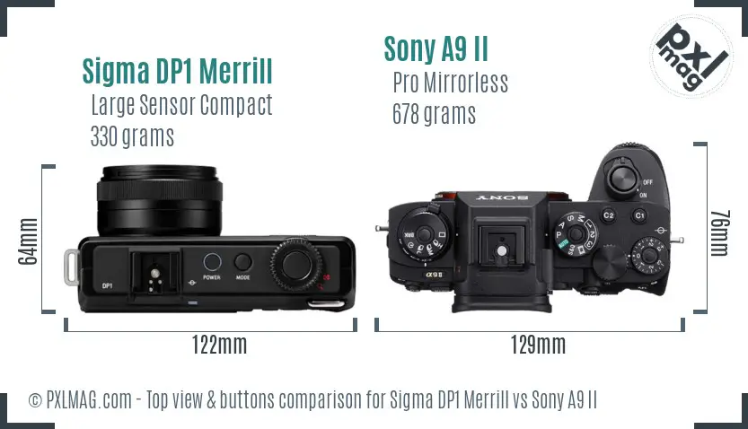 Sigma DP1 Merrill vs Sony A9 II top view buttons comparison Sigma DP1 Merrill vs Sony A9 II top view buttons comparison