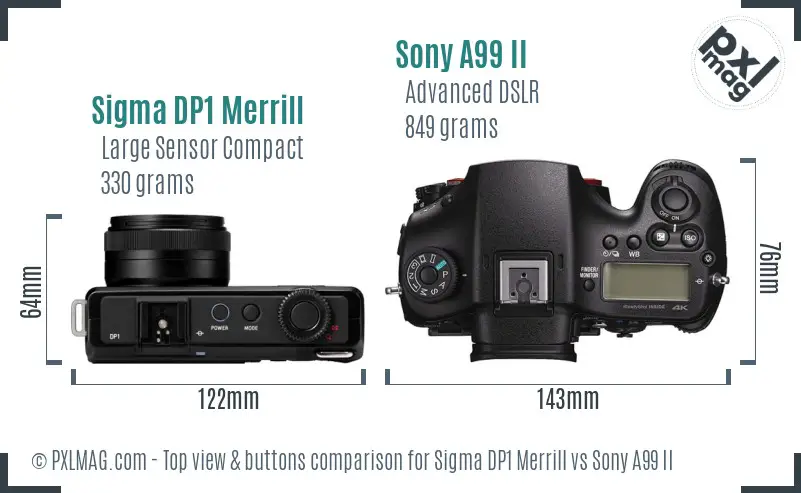 Sigma DP1 Merrill vs Sony A99 II top view buttons comparison