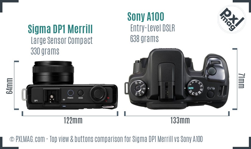 Sigma DP1 Merrill vs Sony A100 top view buttons comparison