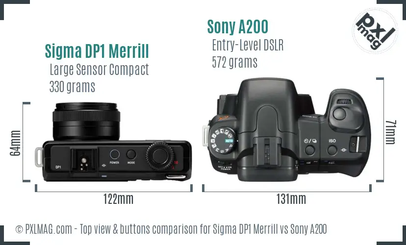 Sigma DP1 Merrill vs Sony A200 top view buttons comparison Sigma DP1 Merrill vs Sony A200 top view buttons comparison