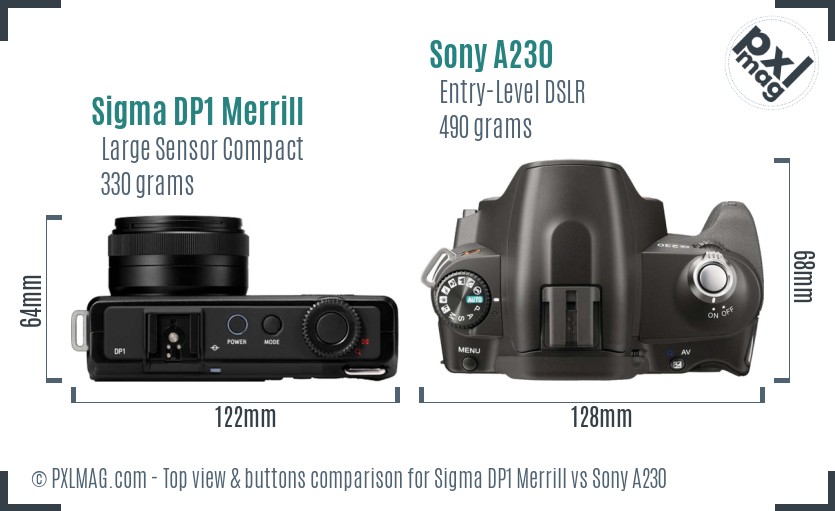 Sigma DP1 Merrill vs Sony A230 top view buttons comparison