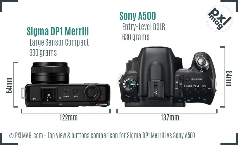 Sigma DP1 Merrill vs Sony A500 top view buttons comparison Sigma DP1 Merrill vs Sony A500 top view buttons comparison