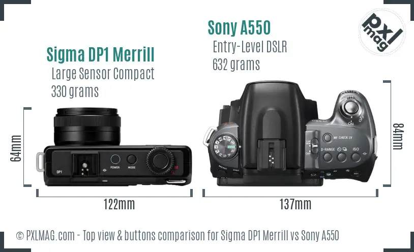 Sigma DP1 Merrill vs Sony A550 top view buttons comparison