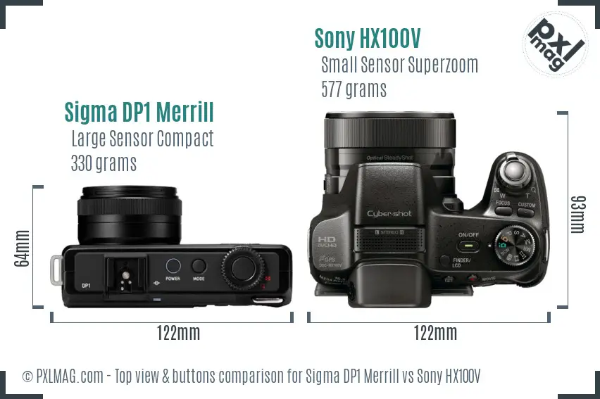 Sigma DP1 Merrill vs Sony HX100V top view buttons comparison
