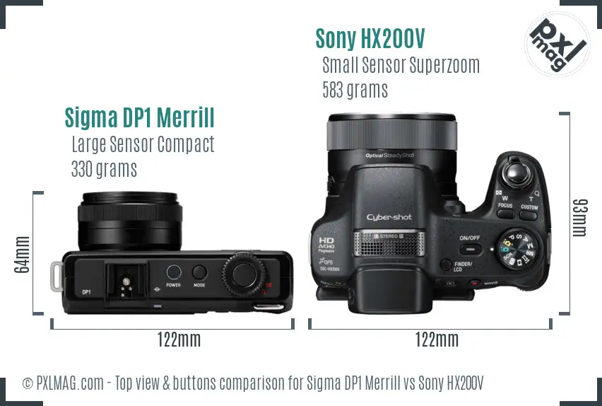 Sigma DP1 Merrill vs Sony HX200V top view buttons comparison