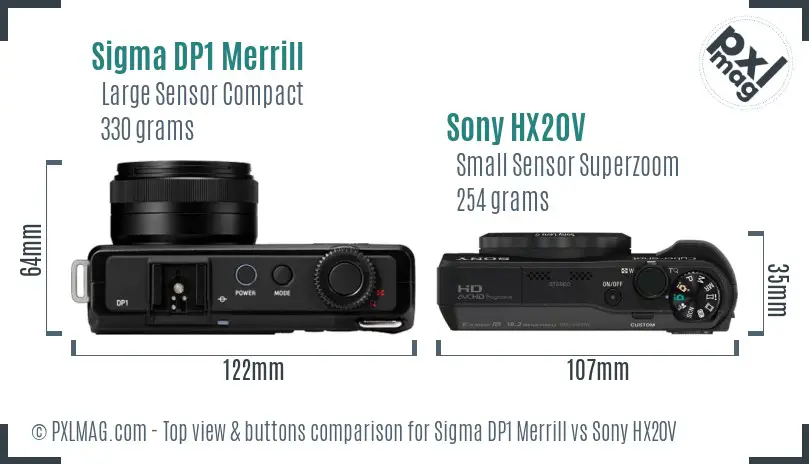 Sigma DP1 Merrill vs Sony HX20V top view buttons comparison