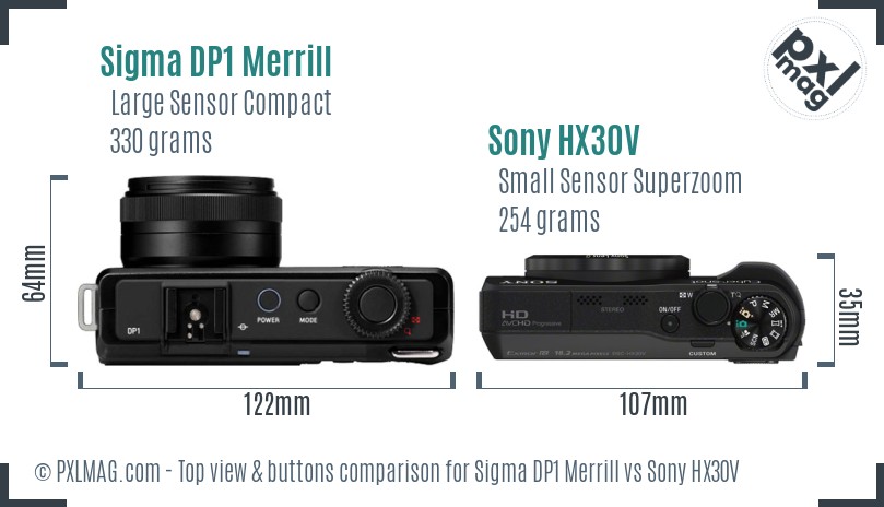 Sigma DP1 Merrill vs Sony HX30V top view buttons comparison