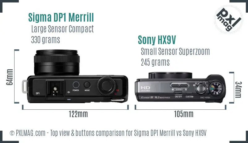 Sigma DP1 Merrill vs Sony HX9V top view buttons comparison Sigma DP1 Merrill vs Sony HX9V top view buttons comparison