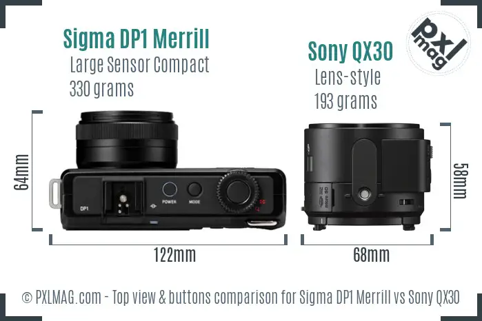 Sigma DP1 Merrill vs Sony QX30 top view buttons comparison