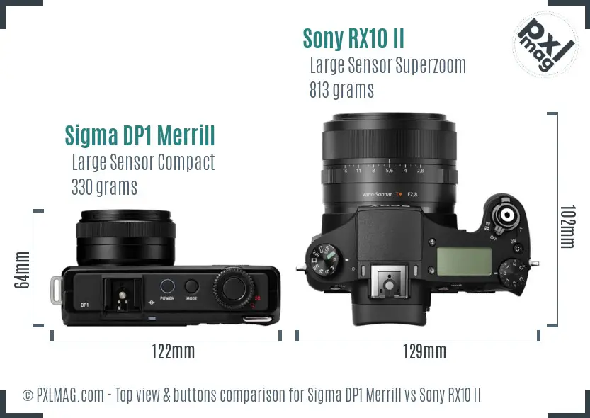 Sigma DP1 Merrill vs Sony RX10 II top view buttons comparison Sigma DP1 Merrill vs Sony RX10 II top view buttons comparison