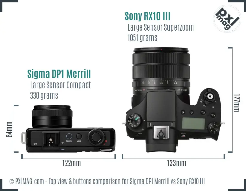 Sigma DP1 Merrill vs Sony RX10 III top view buttons comparison Sigma DP1 Merrill vs Sony RX10 III top view buttons comparison