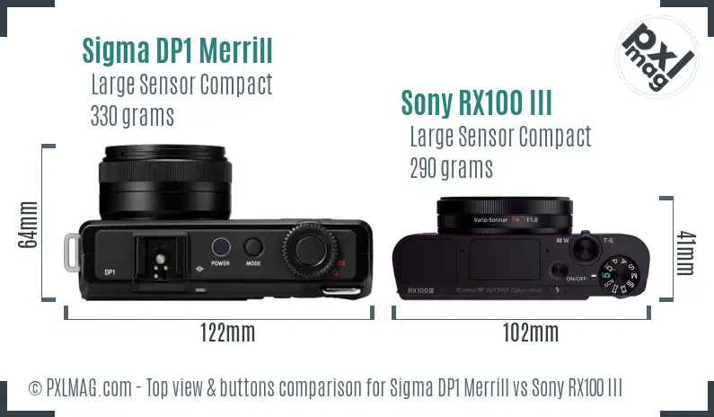 Sigma DP1 Merrill vs Sony RX100 III top view buttons comparison Sigma DP1 Merrill vs Sony RX100 III top view buttons comparison