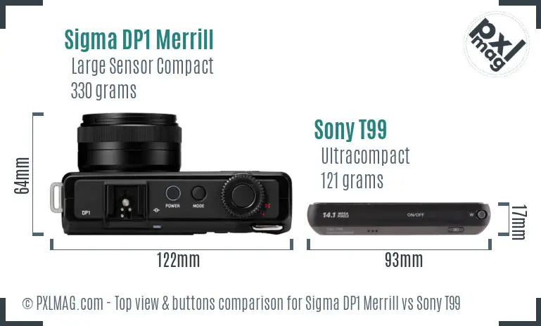 Sigma DP1 Merrill vs Sony T99 top view buttons comparison