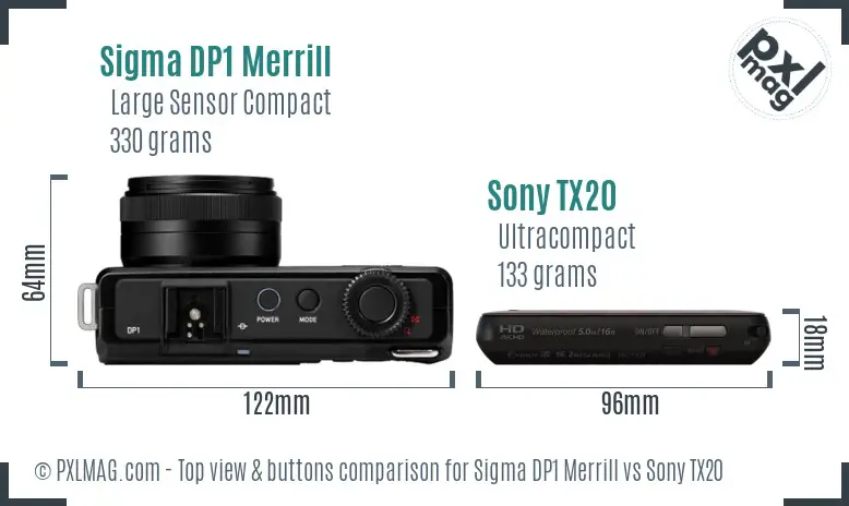 Sigma DP1 Merrill vs Sony TX20 top view buttons comparison