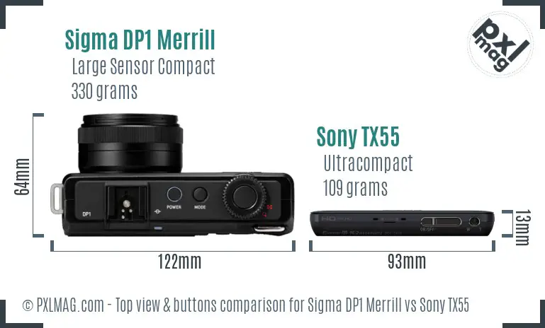 Sigma DP1 Merrill vs Sony TX55 top view buttons comparison Sigma DP1 Merrill vs Sony TX55 top view buttons comparison