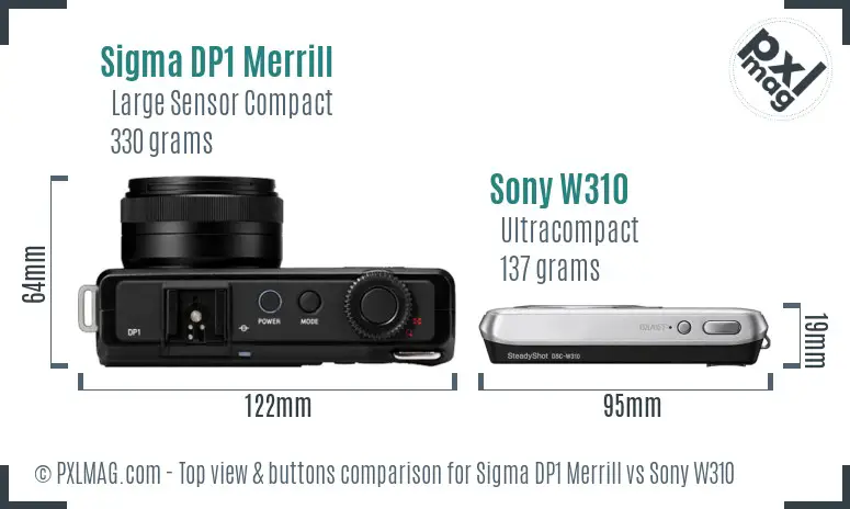 Sigma DP1 Merrill vs Sony W310 top view buttons comparison