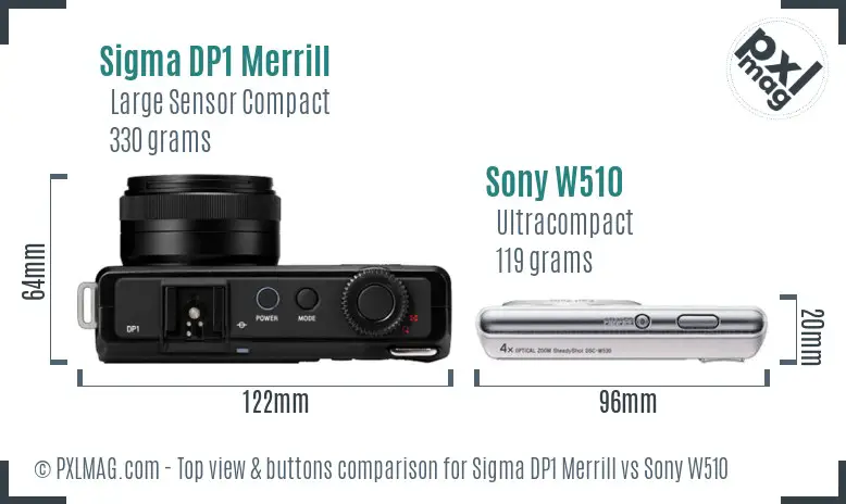 Sigma DP1 Merrill vs Sony W510 top view buttons comparison