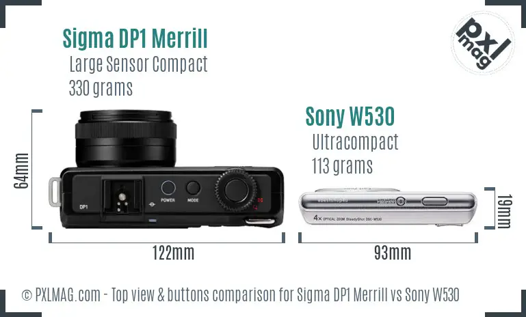 Sigma DP1 Merrill vs Sony W530 top view buttons comparison