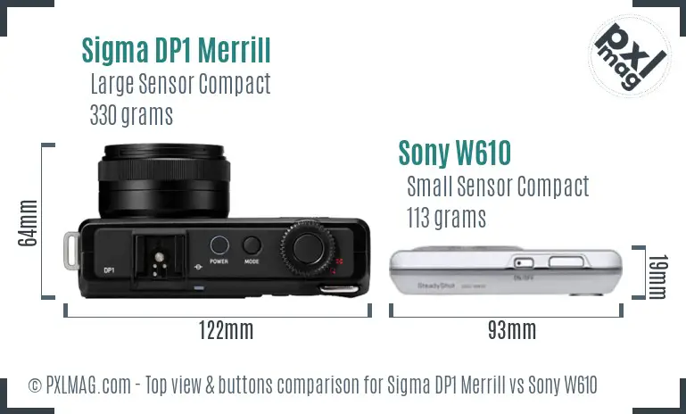 Sigma DP1 Merrill vs Sony W610 top view buttons comparison