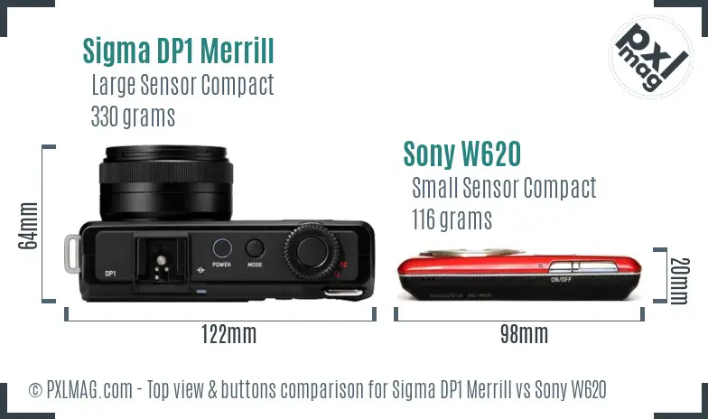 Sigma DP1 Merrill vs Sony W620 top view buttons comparison
