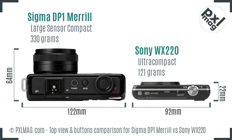 Sigma DP1 Merrill vs Sony WX220 top view buttons comparison