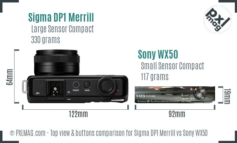 Sigma DP1 Merrill vs Sony WX50 top view buttons comparison